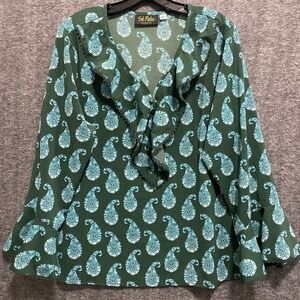 Bob Mackie‎ Wearable Art Top Womens Large Green Blue Paisley Ruffle Flowy Blouse